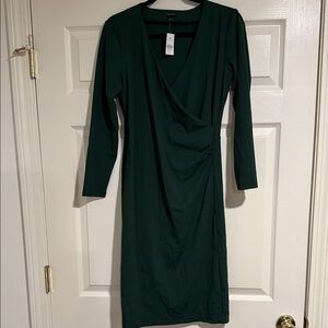 Ann Taylor Deep Green Long Sleeve Faux-Wrap Dress